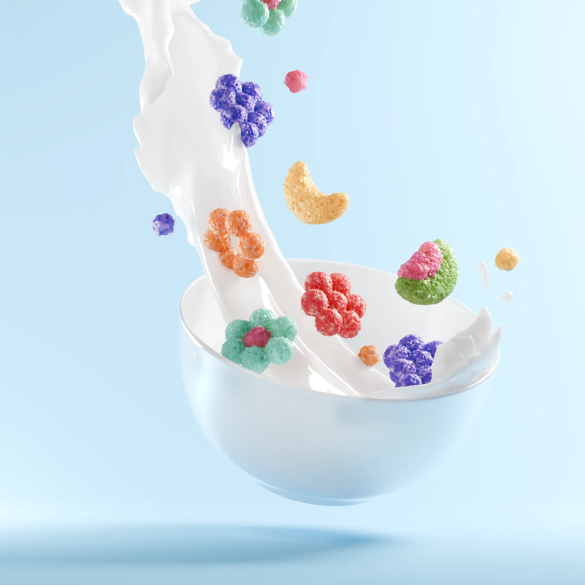Render of a bowl with milk pouring in and colourful flower- and moon-shaped cereal falling, on a light blue background