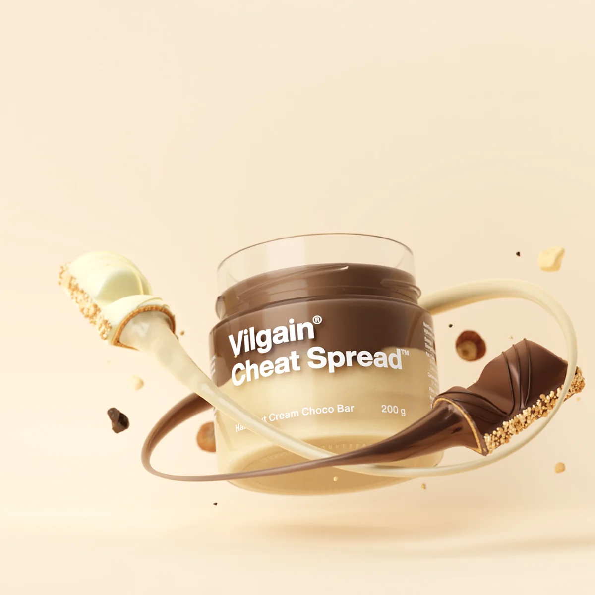Render of a floating Vilgain Cheat Spread Hazelnut Cream Choco Bar jar wrapped in ribbons of cream and chocolate with pieces of the bar